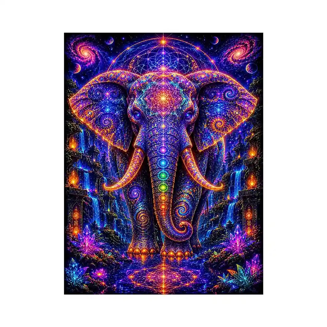 Mystical cosmic elephant canvas art with sacred geometry for modern living room decor.