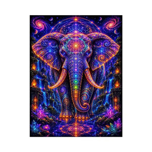 Mystical cosmic elephant canvas art with sacred geometry for modern living room decor.