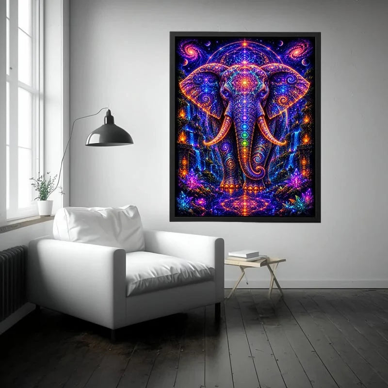 Mystical cosmic elephant canvas art with sacred geometry for modern living room decor.