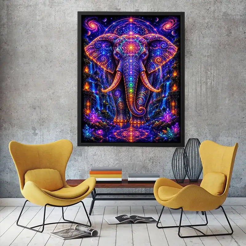 Mystical cosmic elephant canvas art with sacred geometry for modern living room decor.