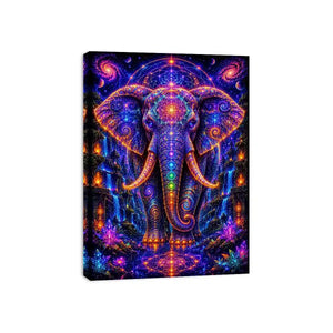 Mystical cosmic elephant canvas art with sacred geometry for modern living room decor.