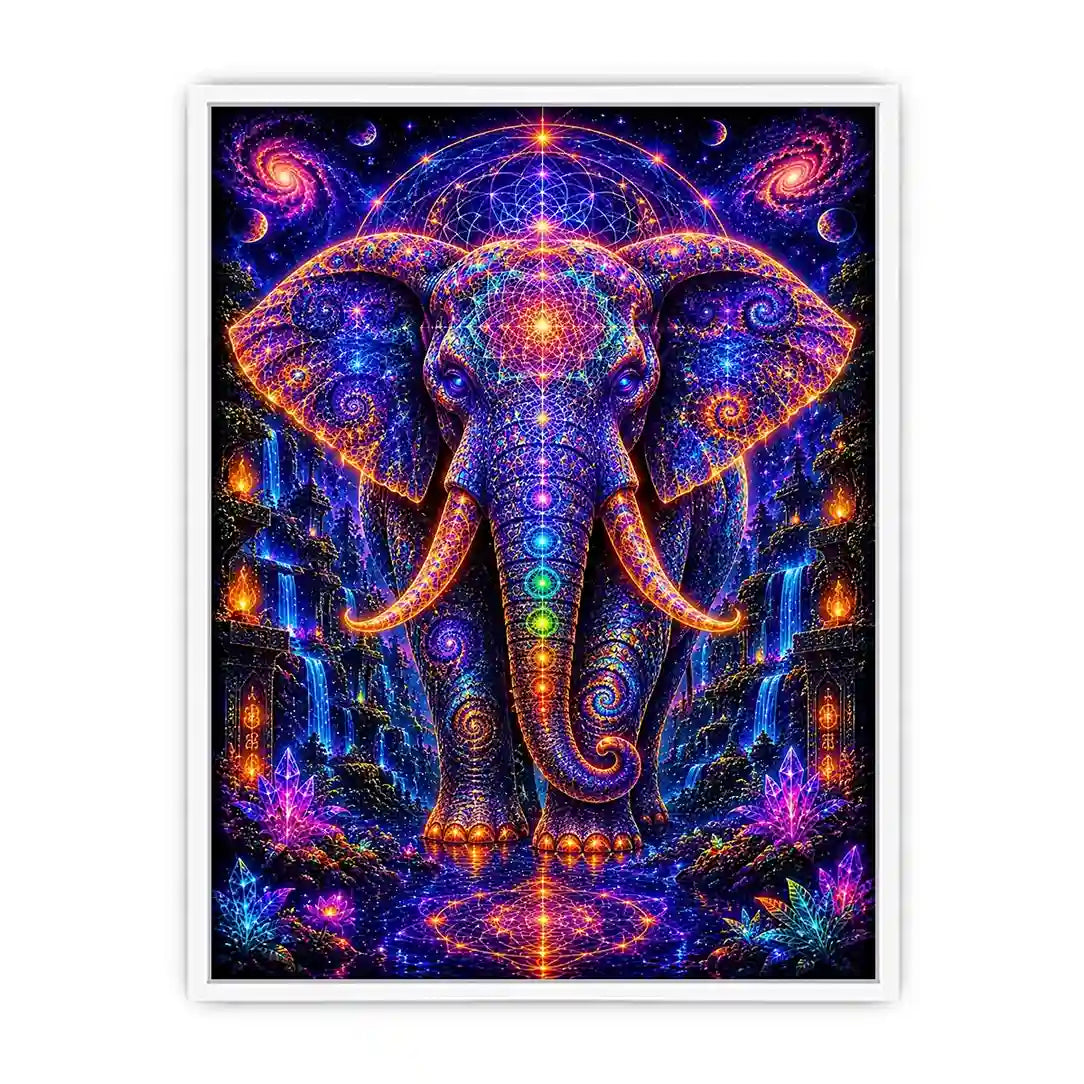 Mystical cosmic elephant canvas art with sacred geometry for modern living room decor.