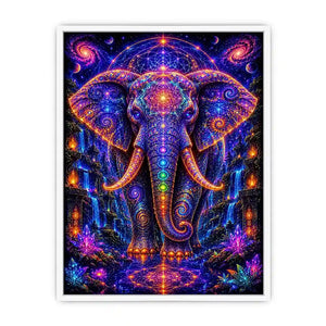 Mystical cosmic elephant canvas art with sacred geometry for modern living room decor.
