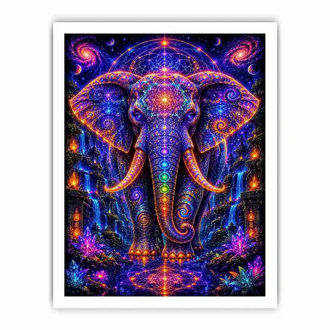 Mystical cosmic elephant canvas art with sacred geometry for modern living room decor.