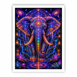 Mystical cosmic elephant canvas art with sacred geometry for modern living room decor.