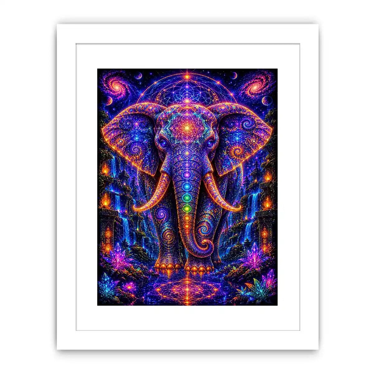 Mystical cosmic elephant canvas art with sacred geometry for modern living room decor.