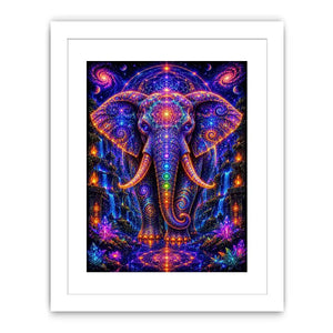 Mystical cosmic elephant canvas art with sacred geometry for modern living room decor.