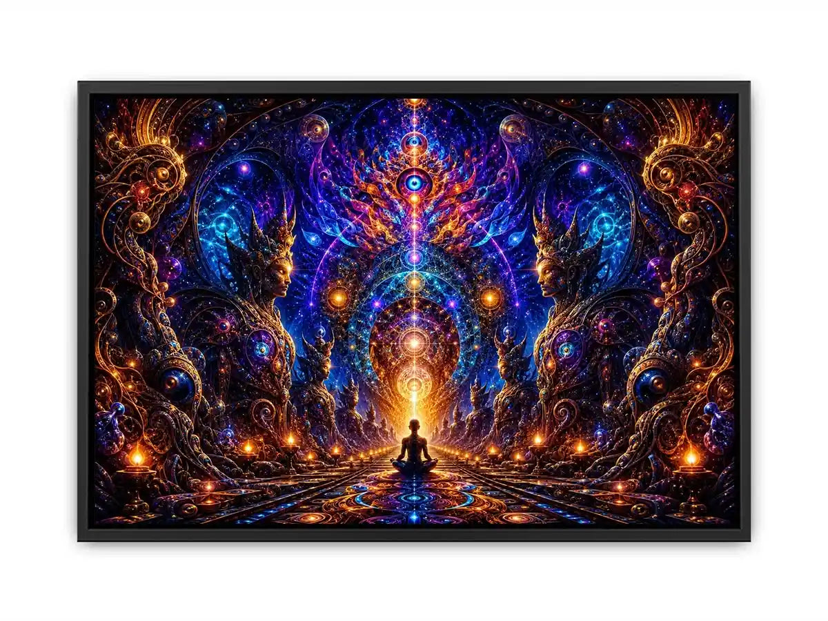 Surreal cosmic meditation canvas art with sacred geometry for luxury modern interiors.