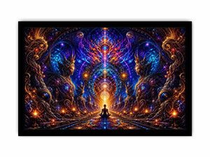 Surreal cosmic meditation canvas art with sacred geometry for luxury modern interiors.