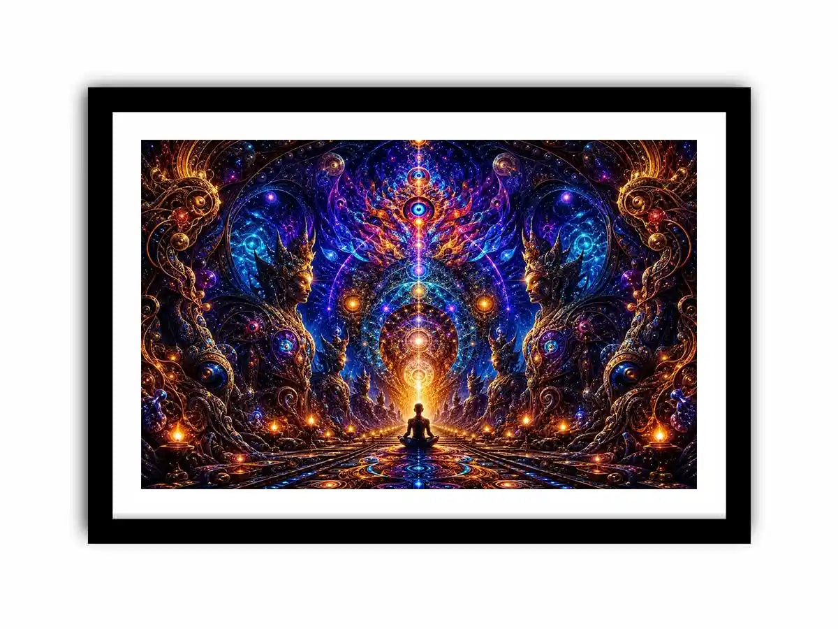 Surreal cosmic meditation canvas art with sacred geometry for luxury modern interiors.