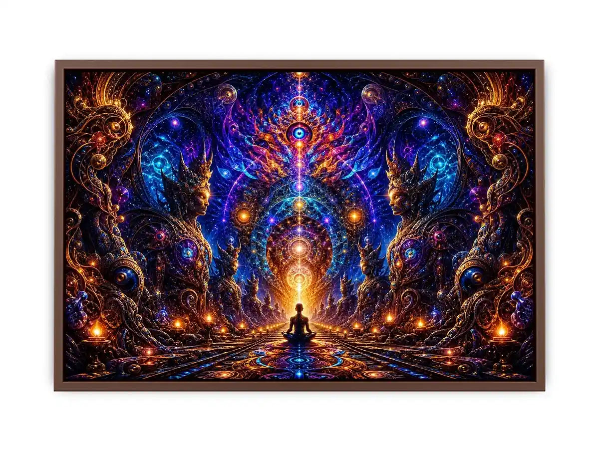 Surreal cosmic meditation canvas art with sacred geometry for luxury modern interiors.