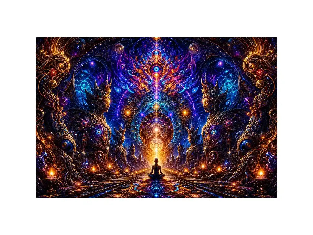 Surreal cosmic meditation canvas art with sacred geometry for luxury modern interiors.