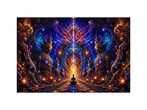 Surreal cosmic meditation canvas art with sacred geometry for luxury modern interiors.
