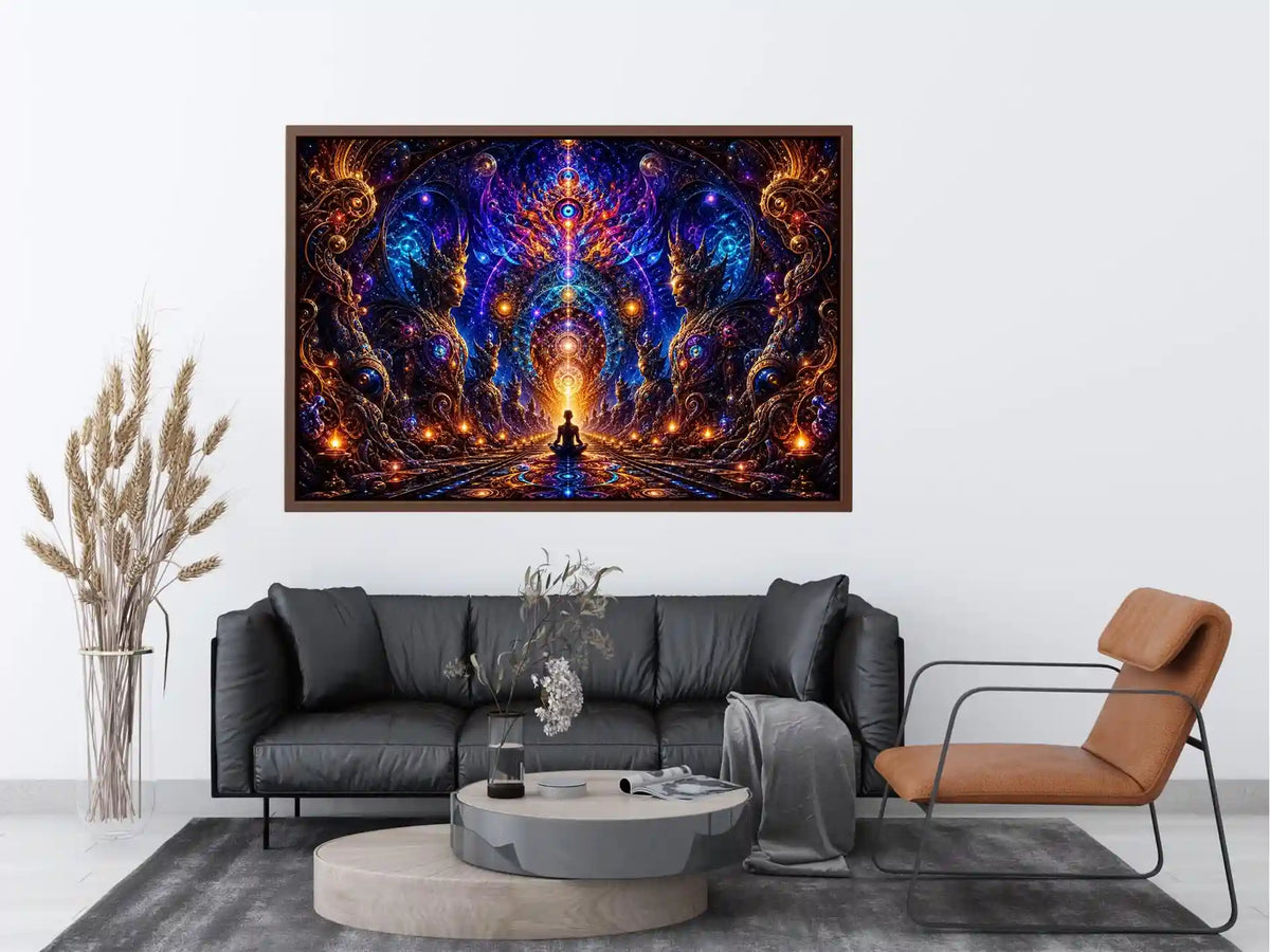 Surreal cosmic meditation canvas art with sacred geometry for luxury modern interiors.
