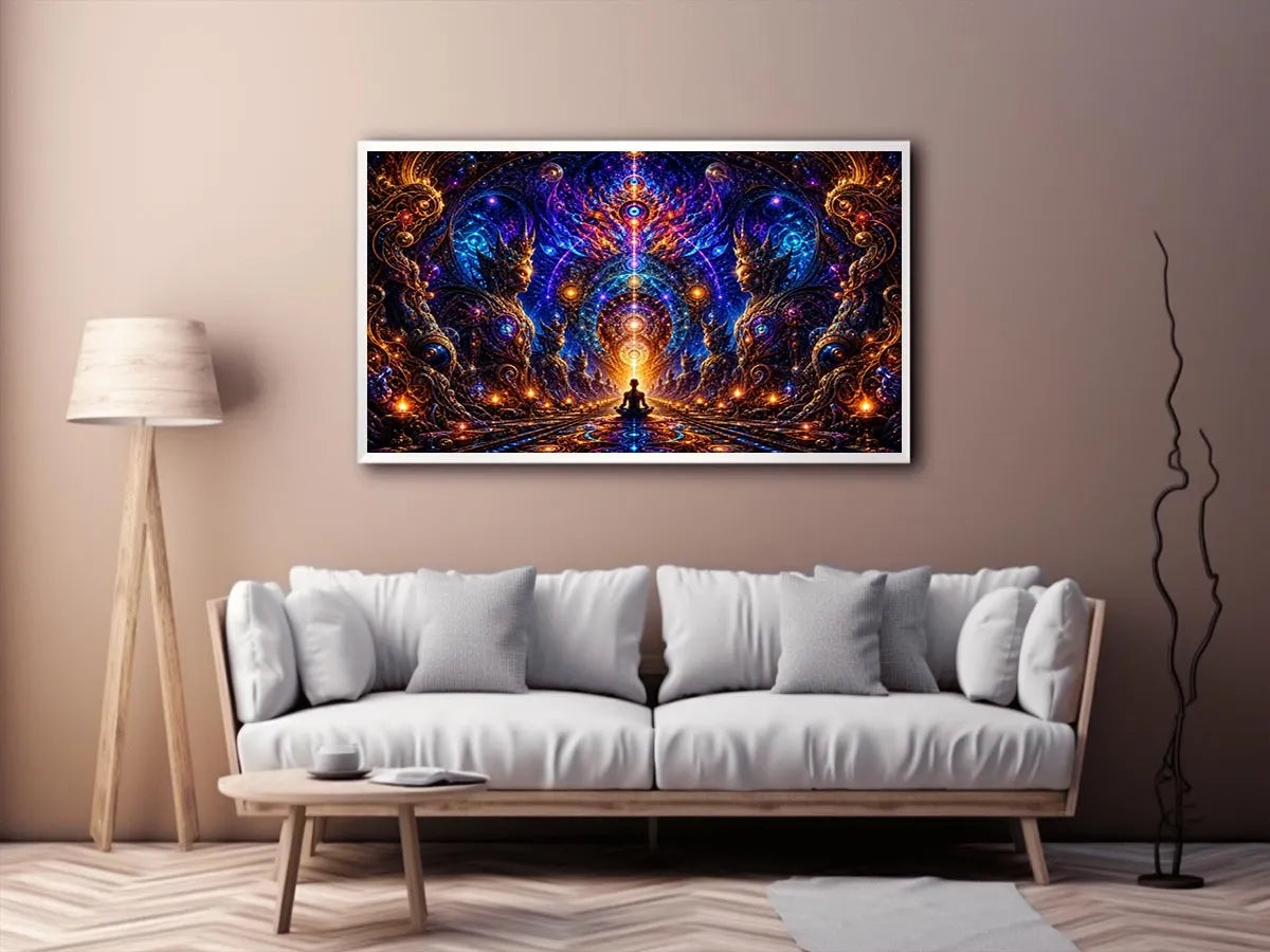 Surreal cosmic meditation canvas art with sacred geometry for luxury modern interiors.