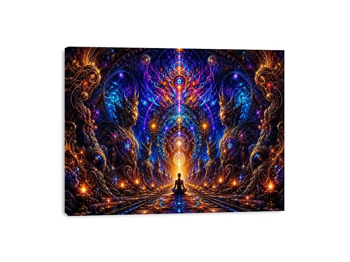 Surreal cosmic meditation canvas art with sacred geometry for luxury modern interiors.