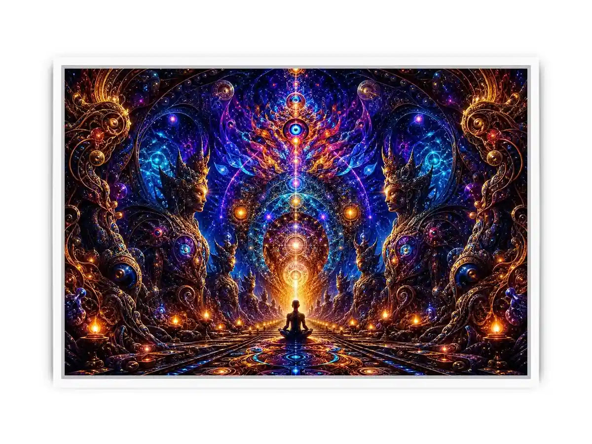 Surreal cosmic meditation canvas art with sacred geometry for luxury modern interiors.