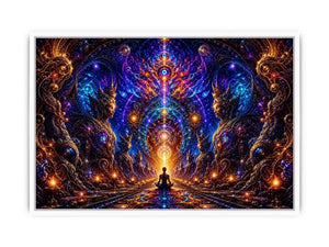 Surreal cosmic meditation canvas art with sacred geometry for luxury modern interiors.