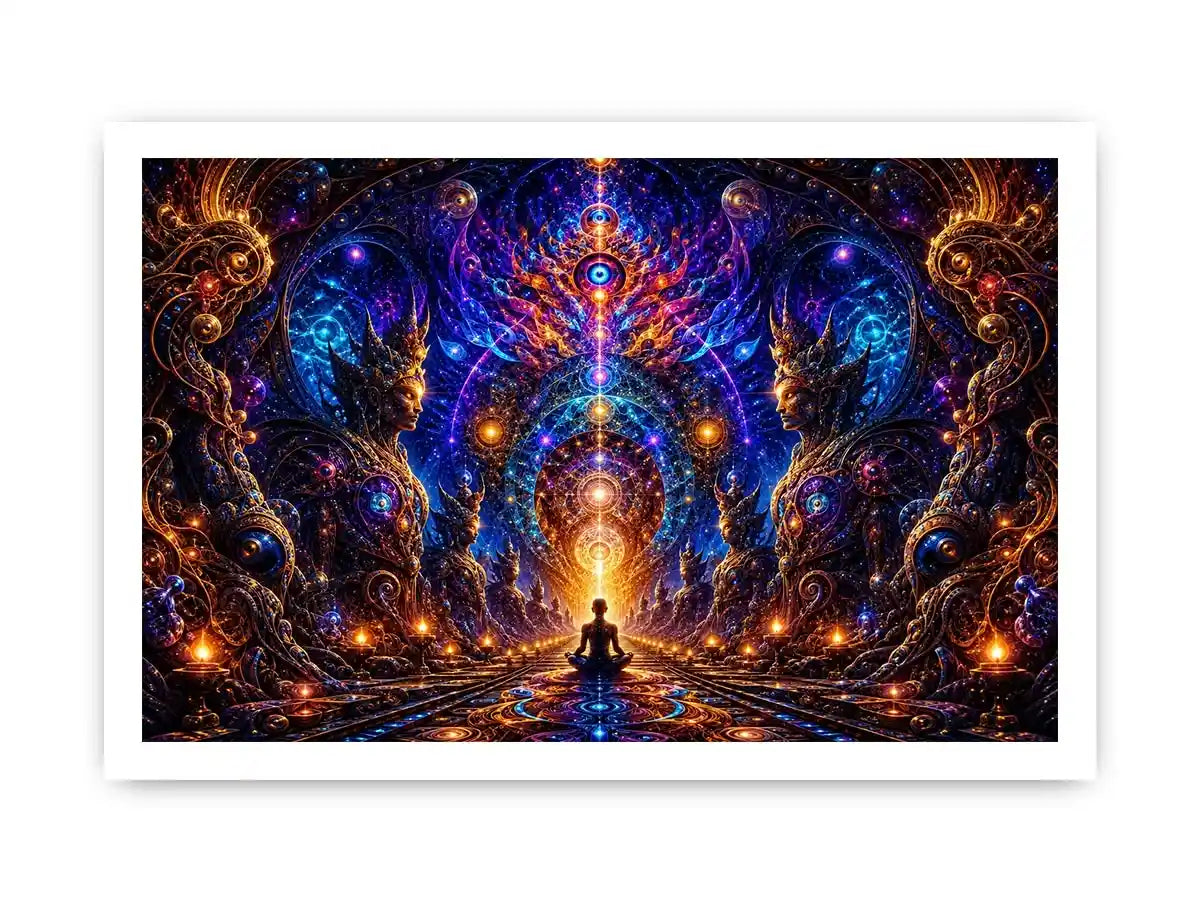 Surreal cosmic meditation canvas art with sacred geometry for luxury modern interiors.