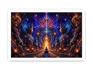 Surreal cosmic meditation canvas art with sacred geometry for luxury modern interiors.