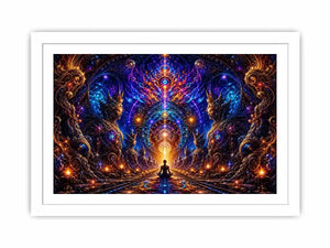 Surreal cosmic meditation canvas art with sacred geometry for luxury modern interiors.