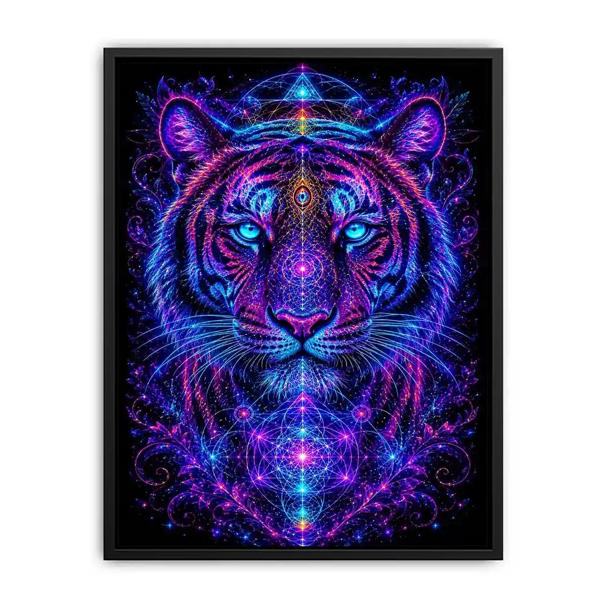 Neon tiger canvas art with sacred geometry for modern luxury living room decor.