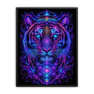 Neon tiger canvas art with sacred geometry for modern luxury living room decor.
