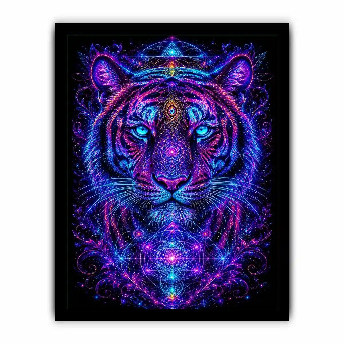 Neon tiger canvas art with sacred geometry for modern luxury living room decor.