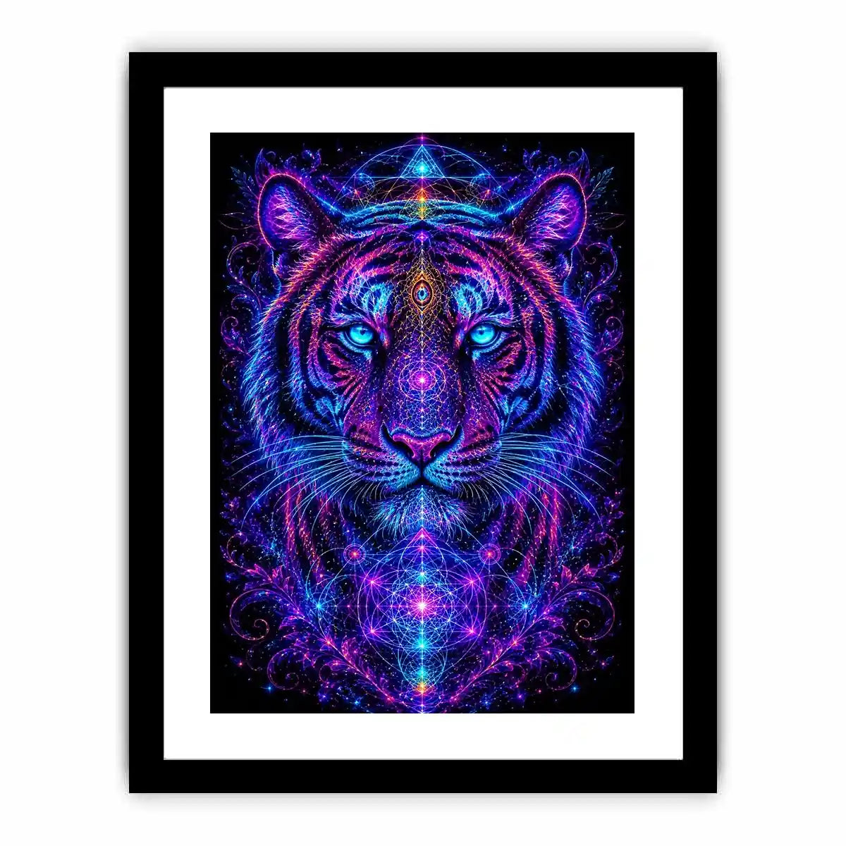 Neon tiger canvas art with sacred geometry for modern luxury living room decor.