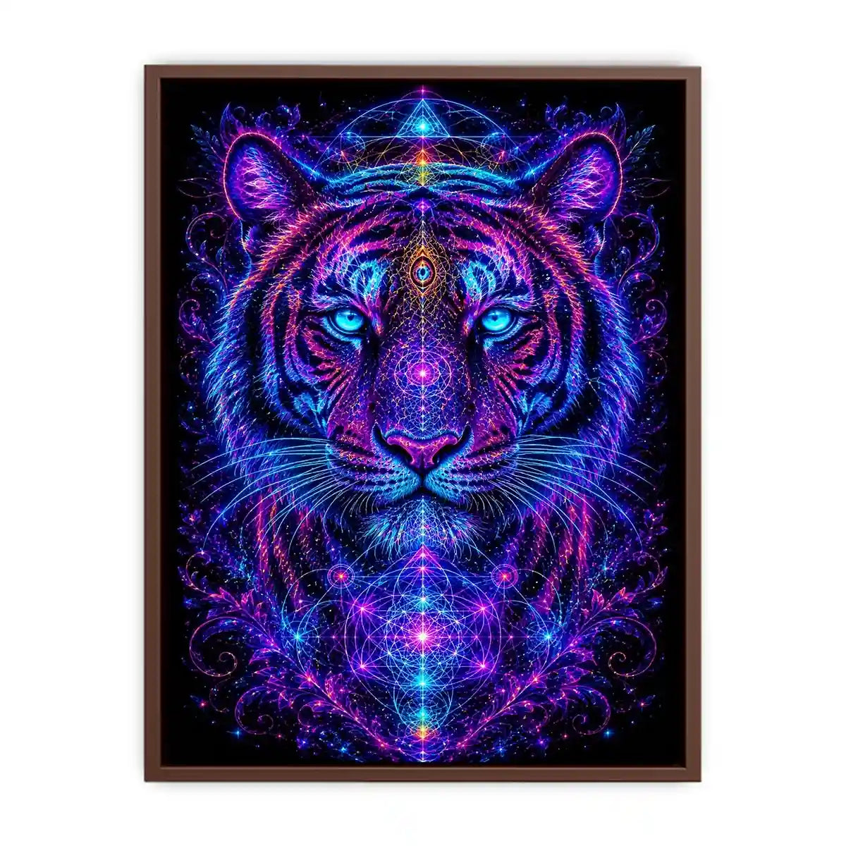 Neon tiger canvas art with sacred geometry for modern luxury living room decor.