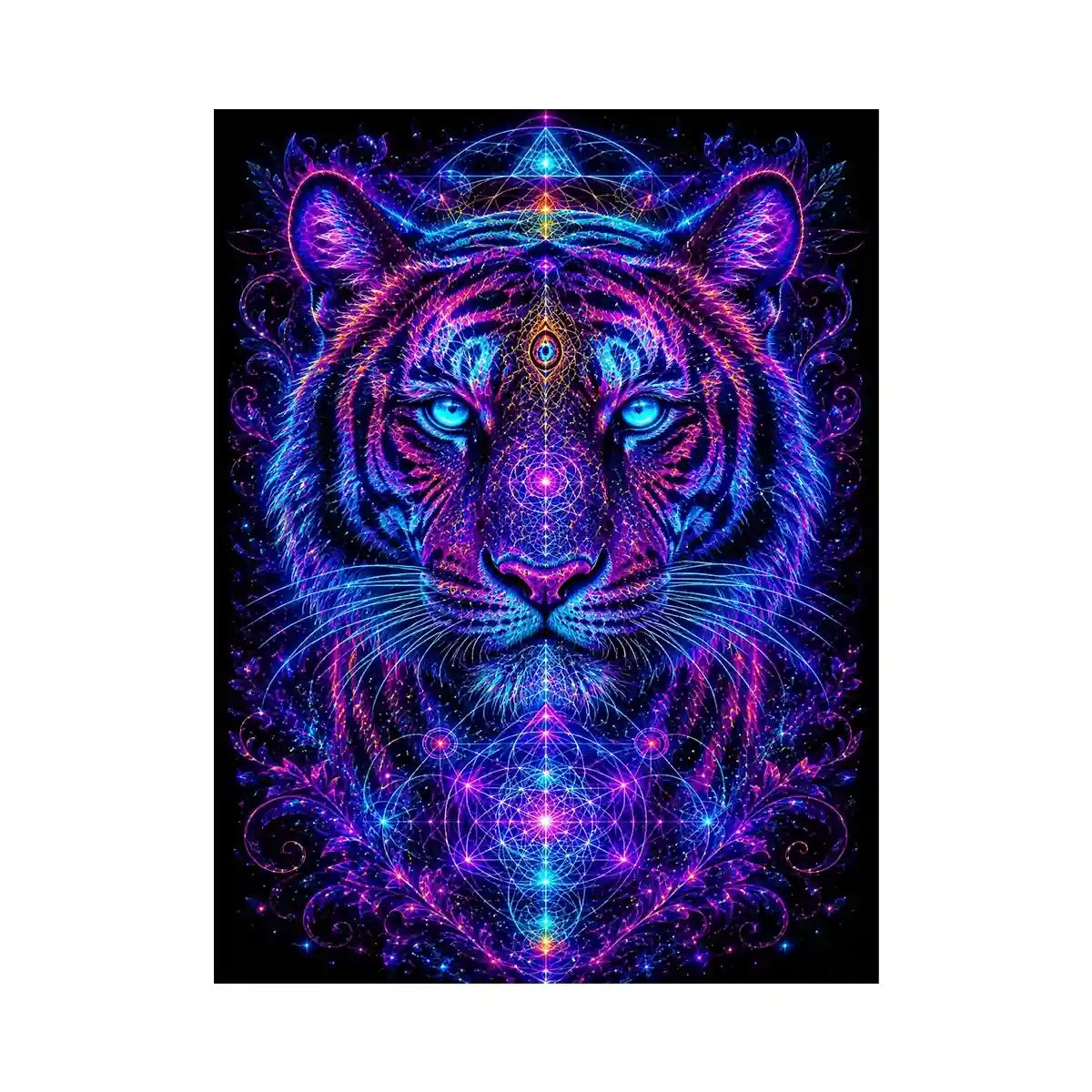 Neon tiger canvas art with sacred geometry for modern luxury living room decor.