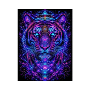Neon tiger canvas art with sacred geometry for modern luxury living room decor.