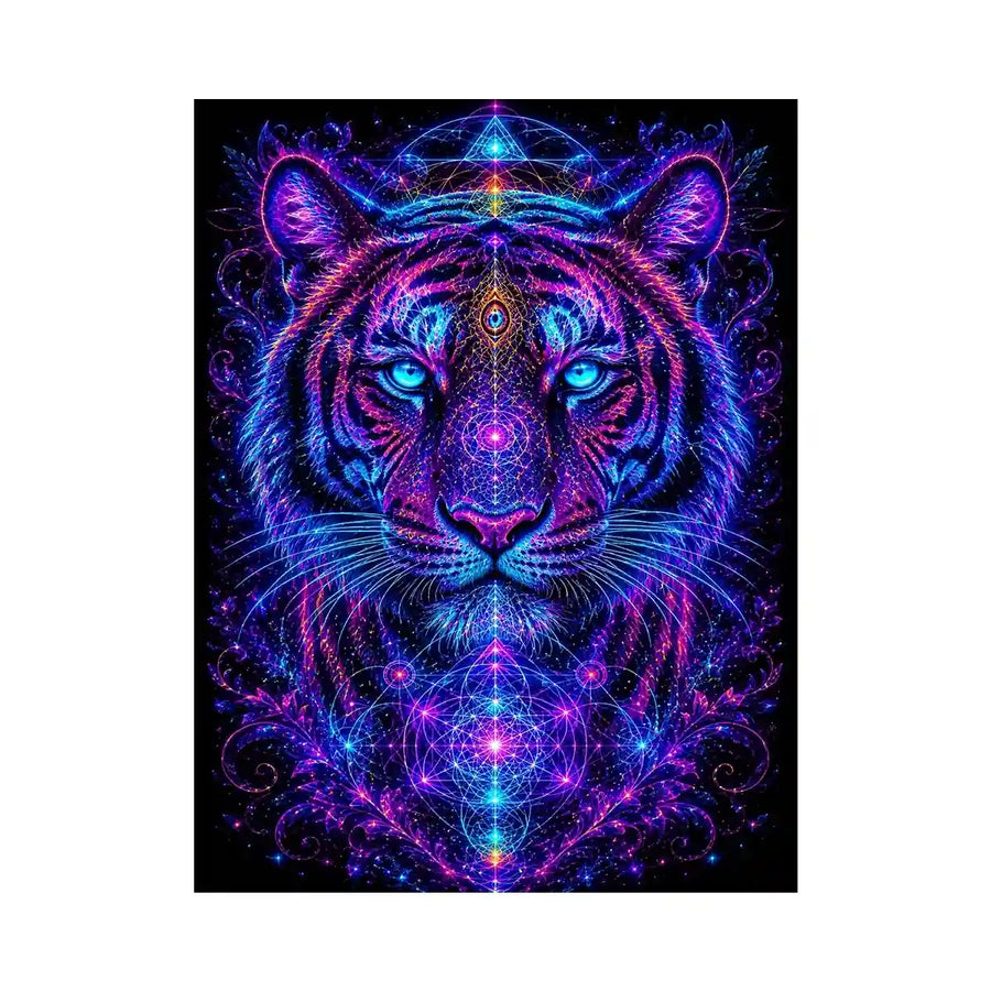 Neon tiger canvas art with sacred geometry for modern luxury living room decor.