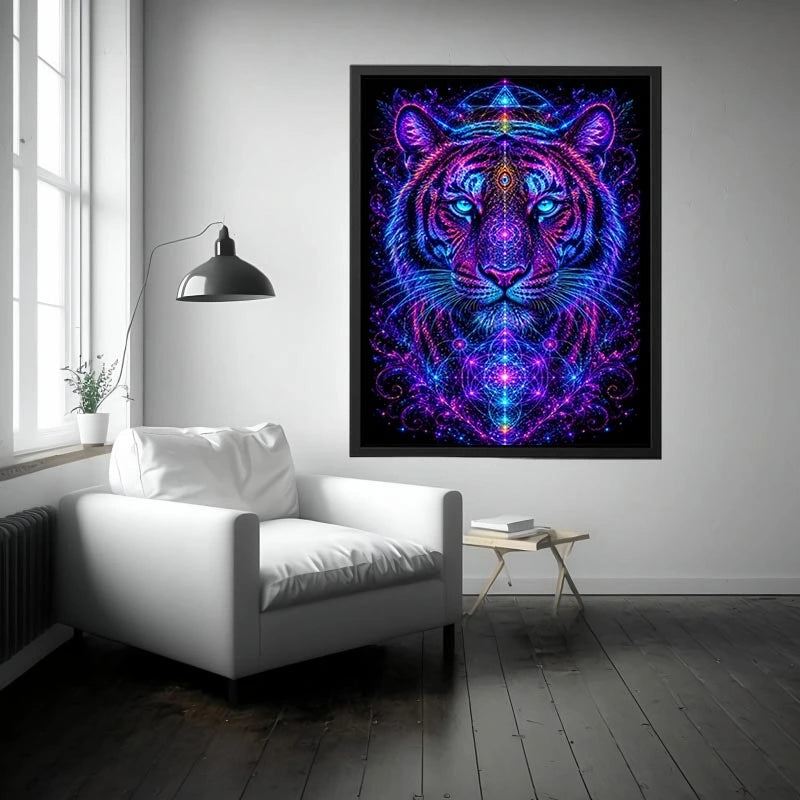 Neon tiger canvas art with sacred geometry for modern luxury living room decor.