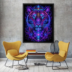 Neon tiger canvas art with sacred geometry for modern luxury living room decor.