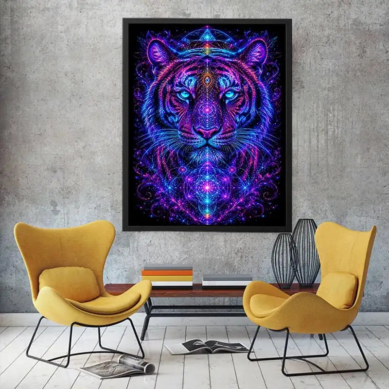 Neon tiger canvas art with sacred geometry for modern luxury living room decor.