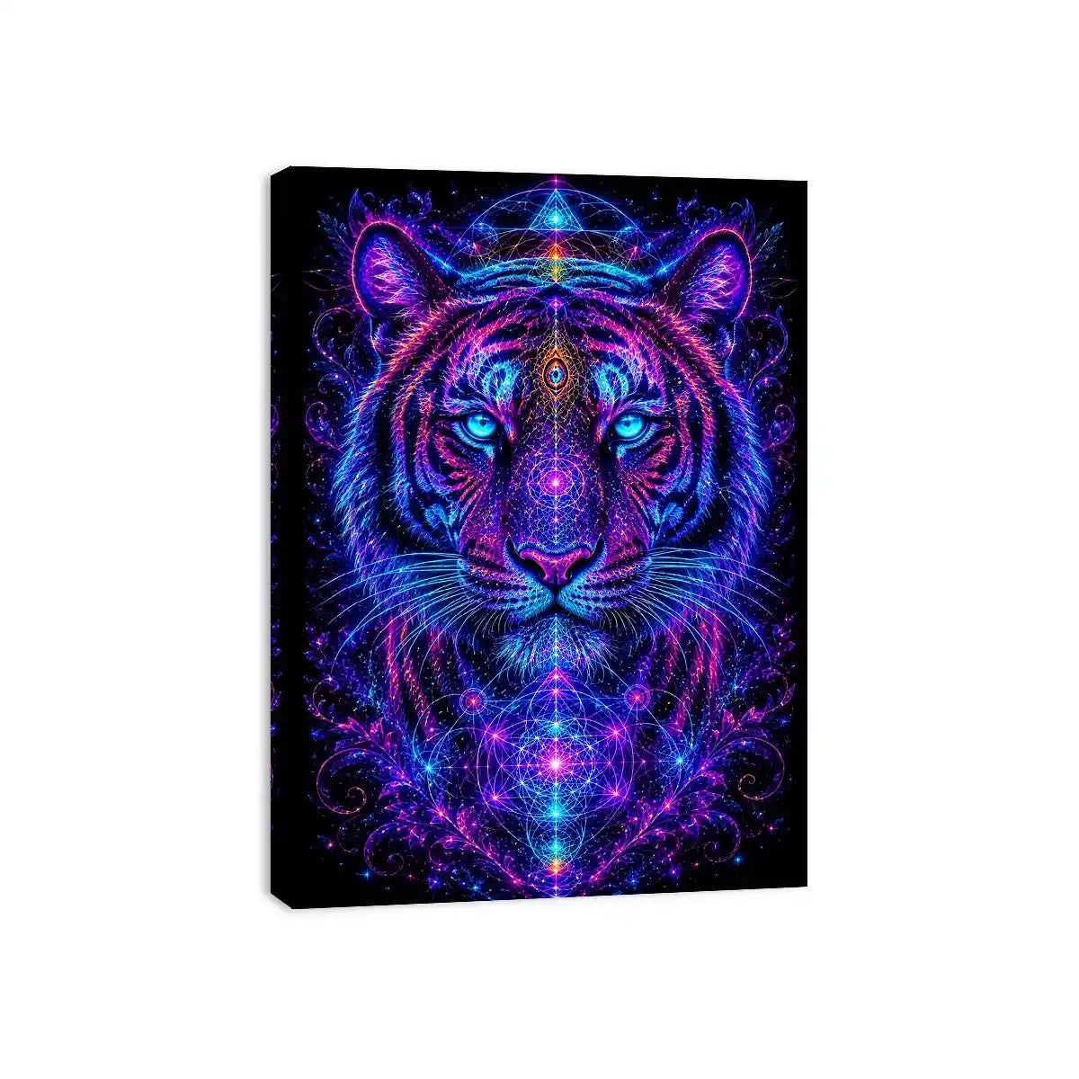 Neon tiger canvas art with sacred geometry for modern luxury living room decor.