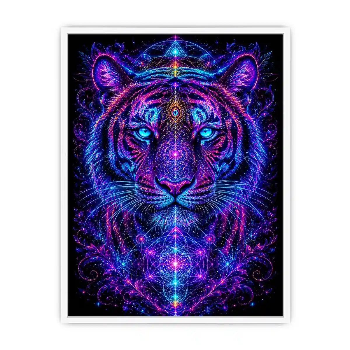 Neon tiger canvas art with sacred geometry for modern luxury living room decor.