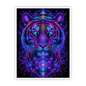 Neon tiger canvas art with sacred geometry for modern luxury living room decor.