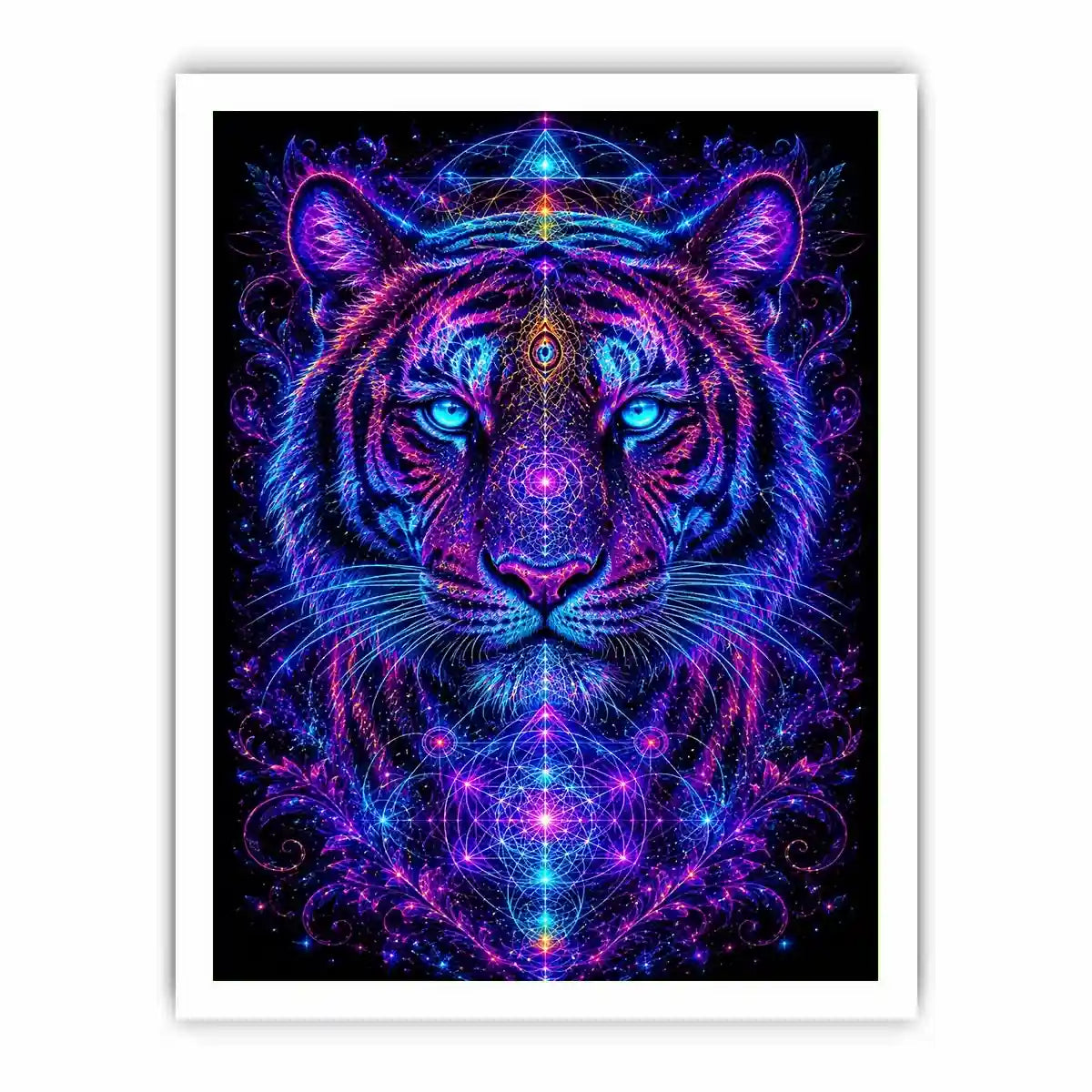 Neon tiger canvas art with sacred geometry for modern luxury living room decor.