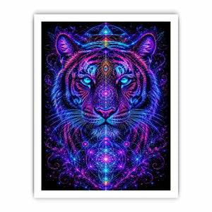 Neon tiger canvas art with sacred geometry for modern luxury living room decor.