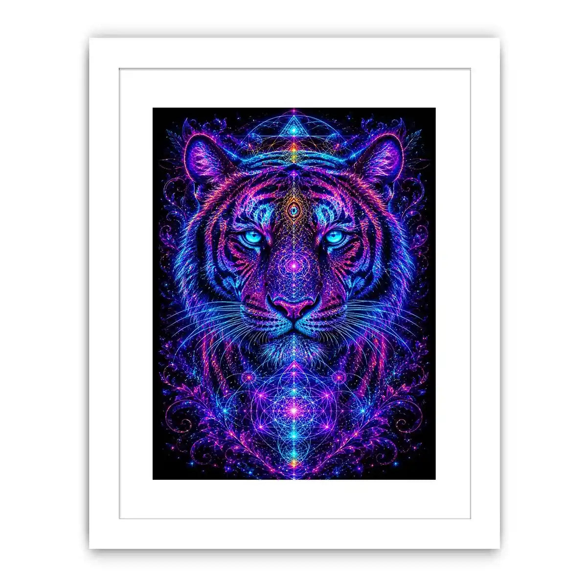 Neon tiger canvas art with sacred geometry for modern luxury living room decor.
