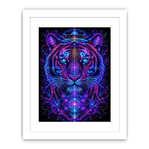 Neon tiger canvas art with sacred geometry for modern luxury living room decor.