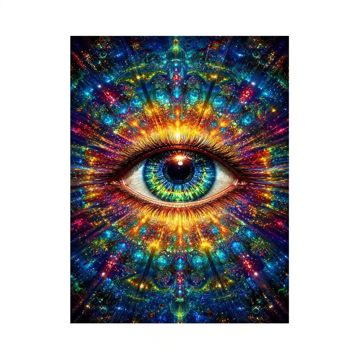 Psychedelic cosmic eye canvas art for modern living room and meditation decor.