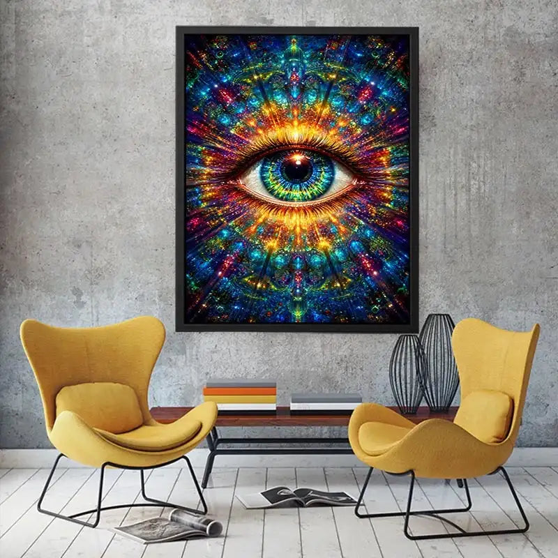 Psychedelic cosmic eye canvas art for modern living room and meditation decor.