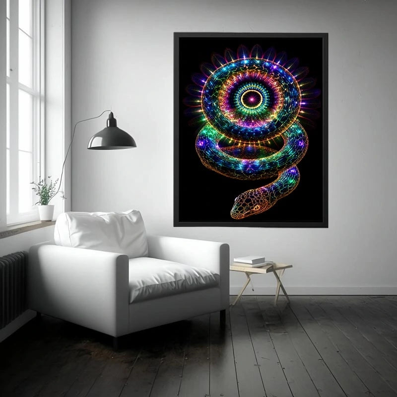 Neon serpent sacred geometry canvas art for modern luxury living room decor.