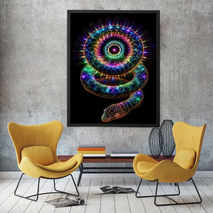 Neon serpent sacred geometry canvas art for modern luxury living room decor.