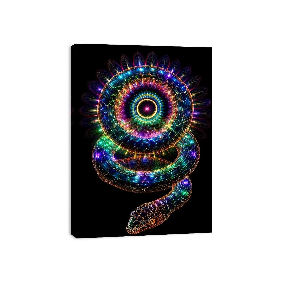 Neon serpent sacred geometry canvas art for modern luxury living room decor.