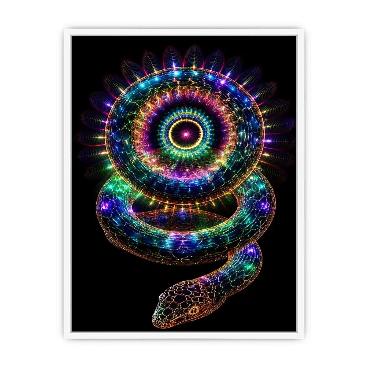 Neon serpent sacred geometry canvas art for modern luxury living room decor.