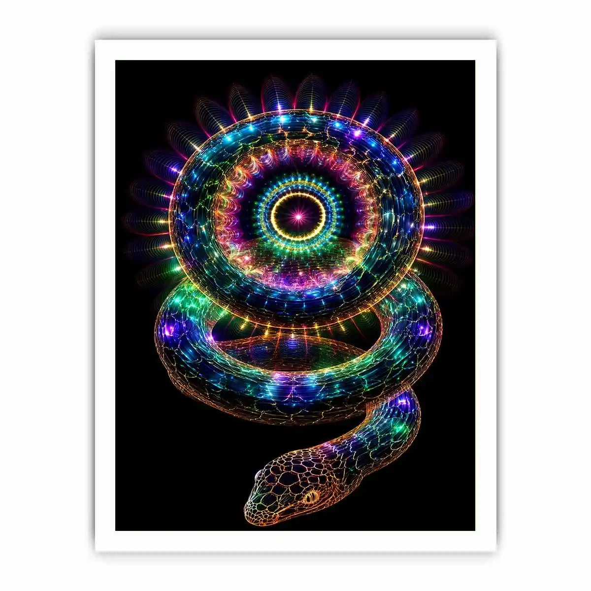 Neon serpent sacred geometry canvas art for modern luxury living room decor.